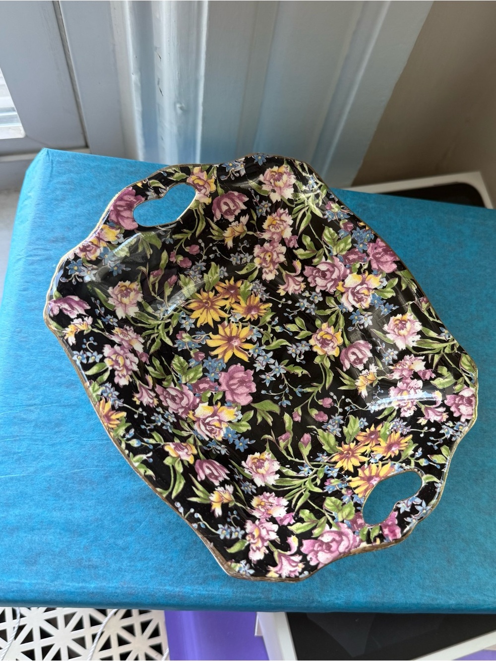 VTG Royal Winton Grimwades 'Nantwich' Chintz Black Floral BonBon Trinket Tray
